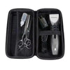 Black storage pouch containing a hair straightener and accessories.