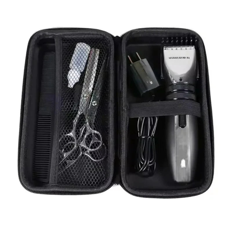 Black storage pouch containing a hair straightener and accessories.