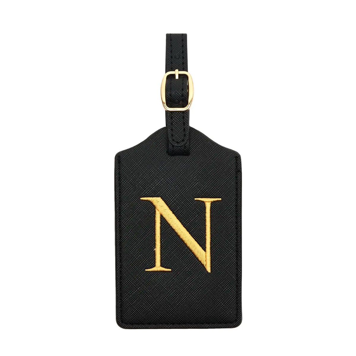 Black PU leather luggage tag with a gold letter N and a privacy cover.