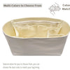A white luxury bag organizer insert with a light beige silk lining shown open to display color options.
