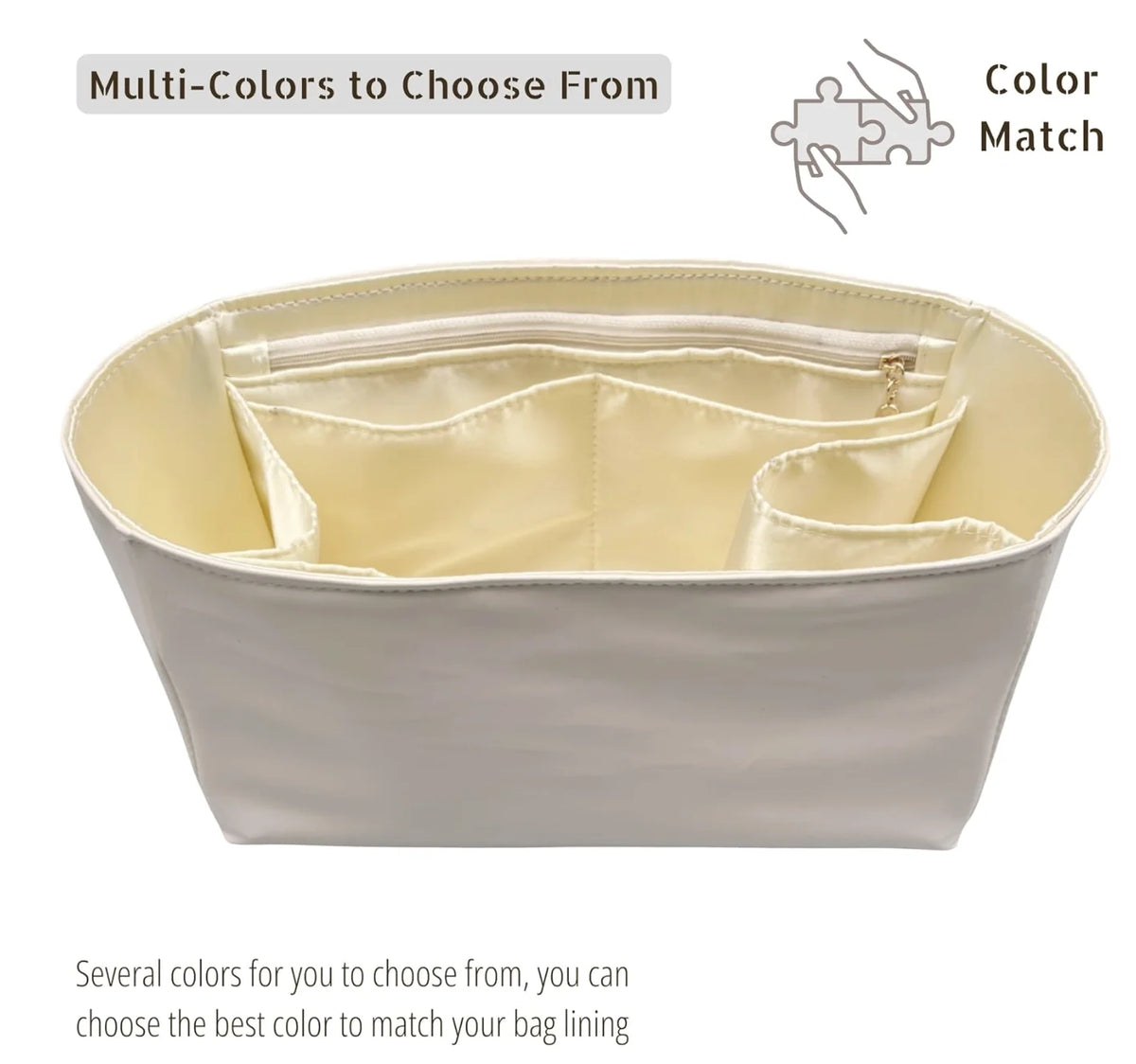 A white luxury bag organizer insert with a light beige silk lining shown open to display color options.