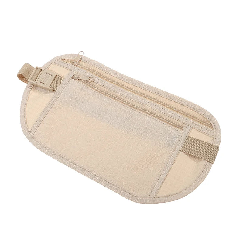 A beige invisible waist pack designed for travel and security.