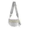 A silver and white checkered nylon crossbody bag with gold hardware and a gray strap.