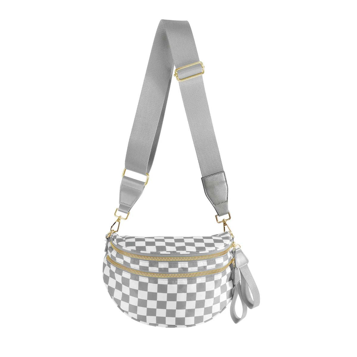 A silver and white checkered nylon crossbody bag with gold hardware and a gray strap.