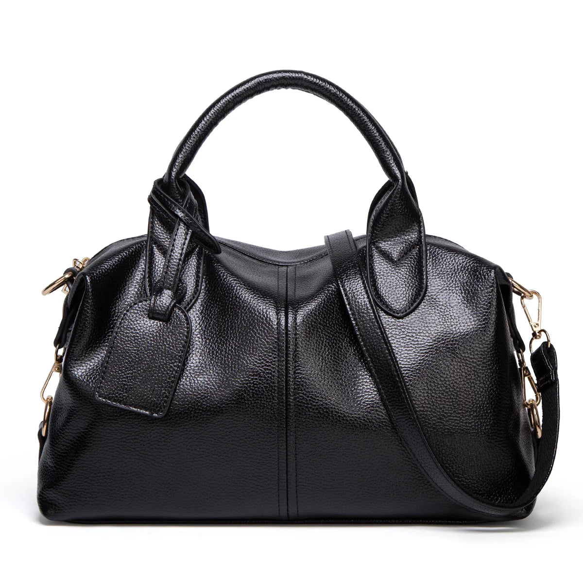 A black faux leather Boston handbag with a top handle and shoulder strap is shown against a white background.