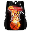 A black backpack featuring a graphic of a basketball engulfed in bright orange and yellow flames.