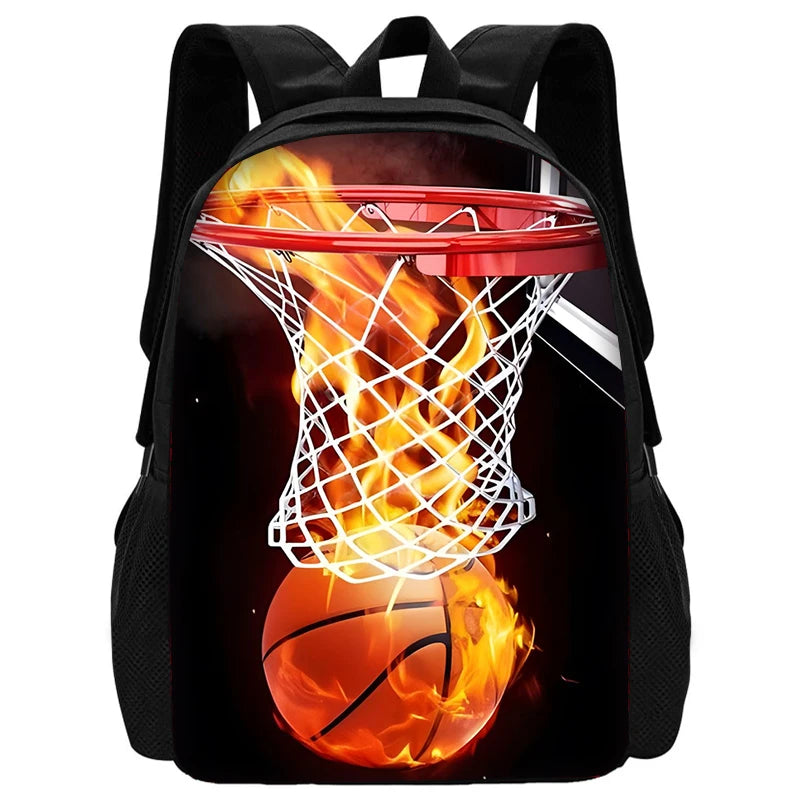 A black backpack featuring a graphic of a basketball engulfed in bright orange and yellow flames.