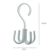 A light gray four-claw multi-functional hanging hook with a curved handle and measuring dimensions.