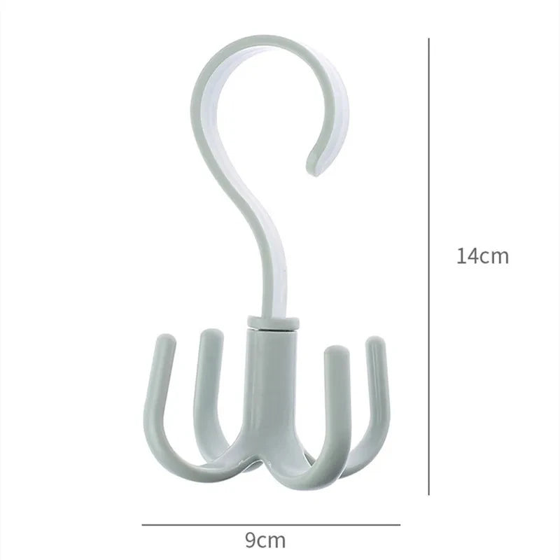 A light gray four-claw multi-functional hanging hook with a curved handle and measuring dimensions.