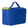 A royal blue pencil case with a zipper closure and yellow decorative accents.