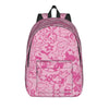 A pink durable polyester sport backpack featuring a pattern of cute cartoon characters and stars.