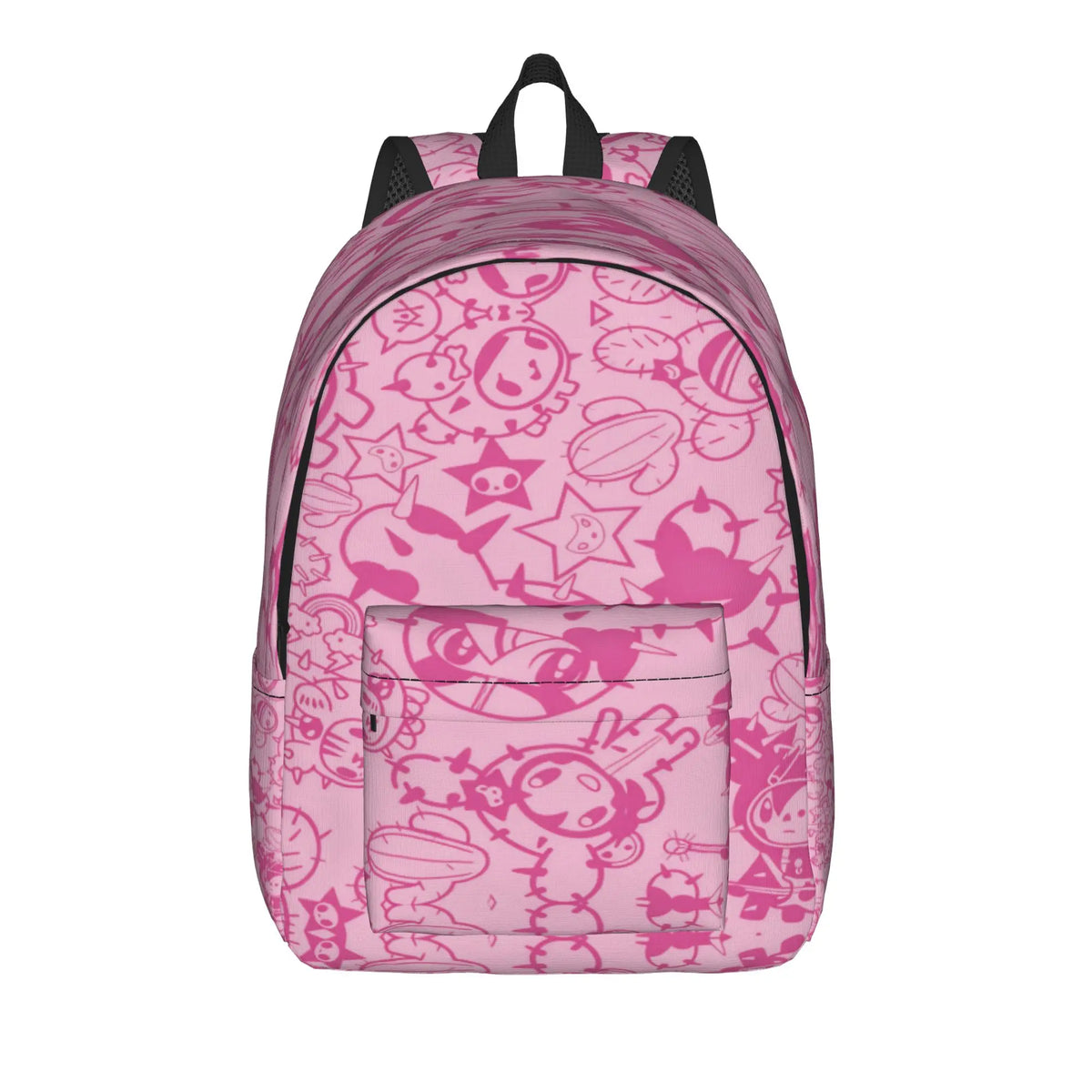 A pink durable polyester sport backpack featuring a pattern of cute cartoon characters and stars.