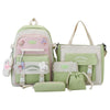 A set of five pastel-colored nylon backpacks for students featuring cartoon designs and cute accessories.