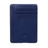 A dark blue slim leather wallet with a card slot and a fold-over design.