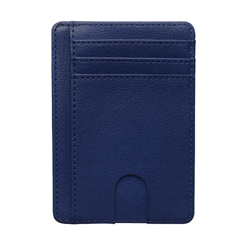 A dark blue slim leather wallet with a card slot and a fold-over design.