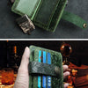 A close-up of a green patterned leather card wallet is shown open and closed, resting on a dark surface.