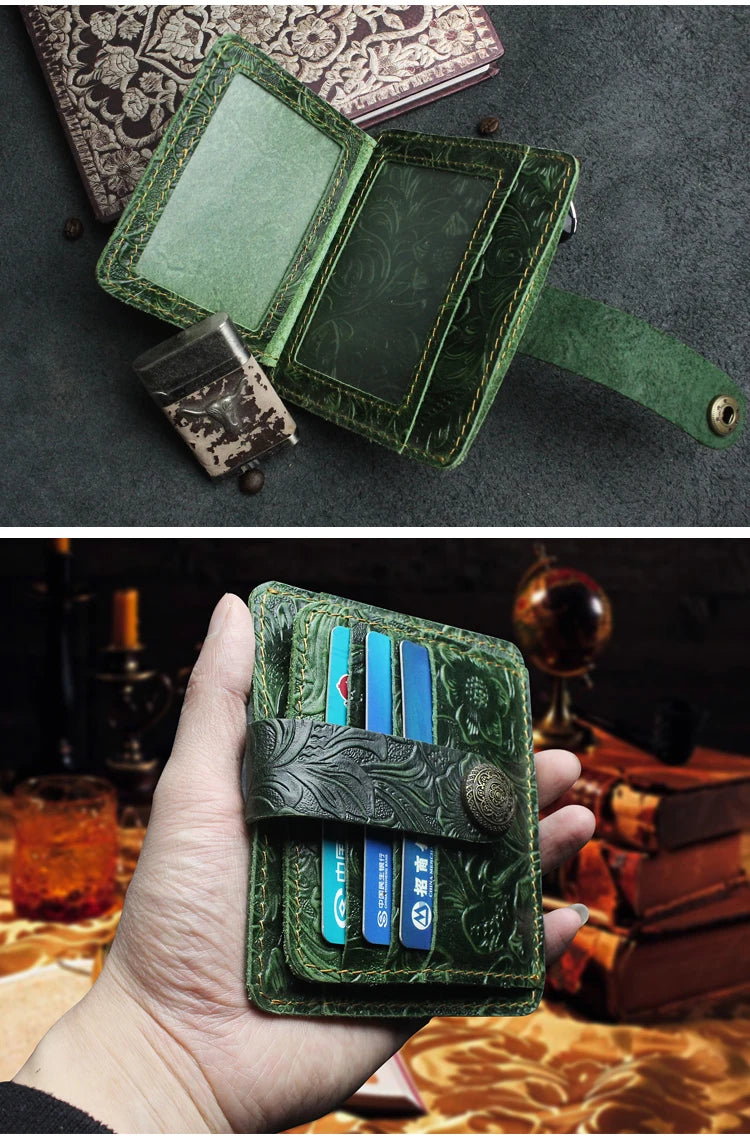 A close-up of a green patterned leather card wallet is shown open and closed, resting on a dark surface.