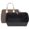 A black felt purse organizer insert is shown inside a tan leather handbag.