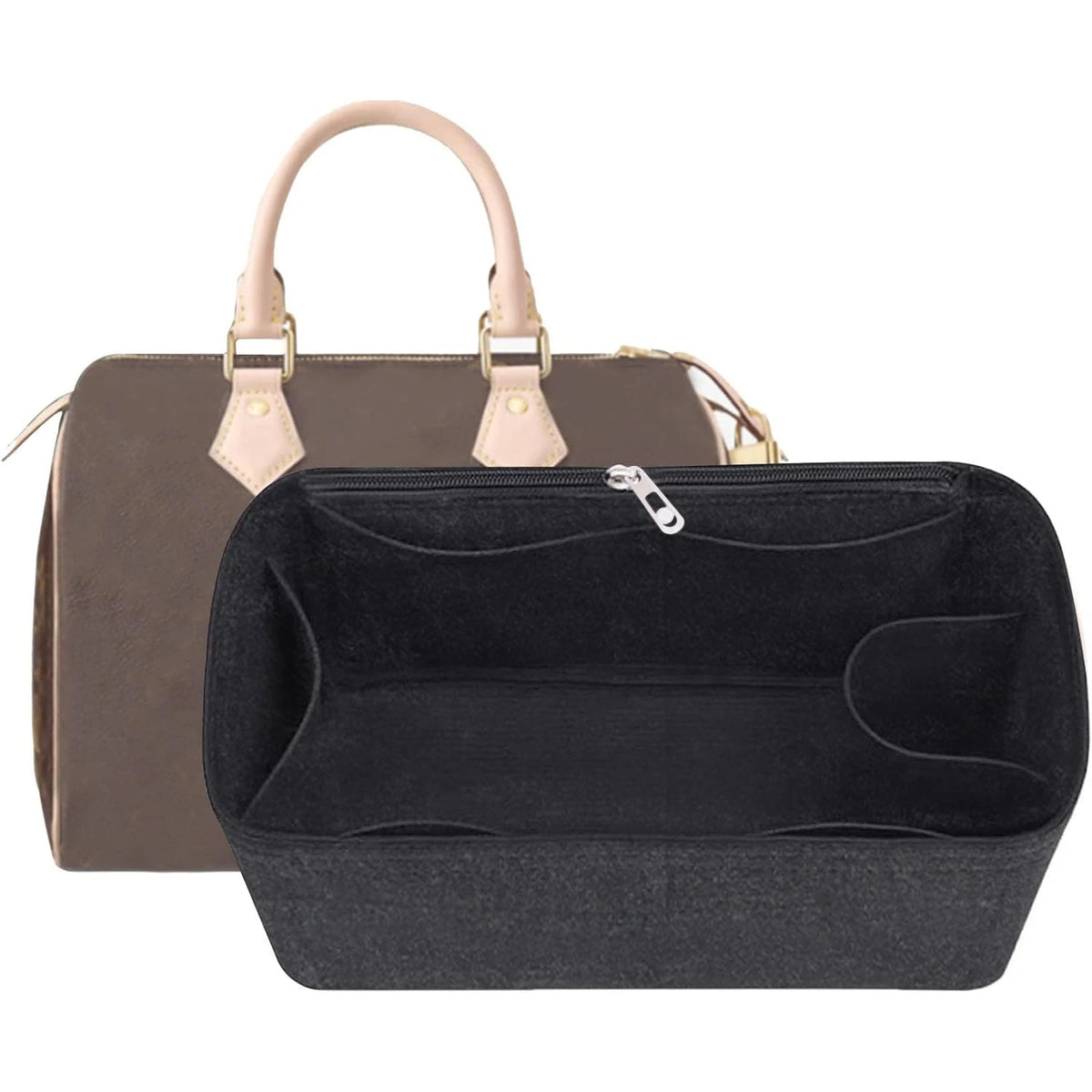 A black felt purse organizer insert is shown inside a tan leather handbag.