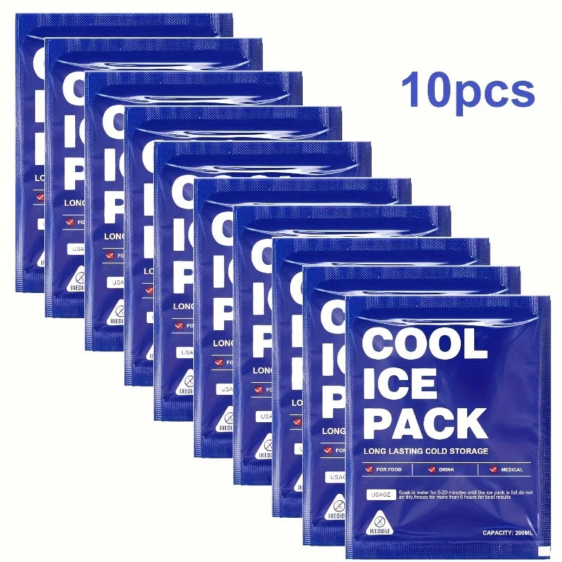 Ten reusable leakproof ice packs in blue packaging for long lasting cold storage
