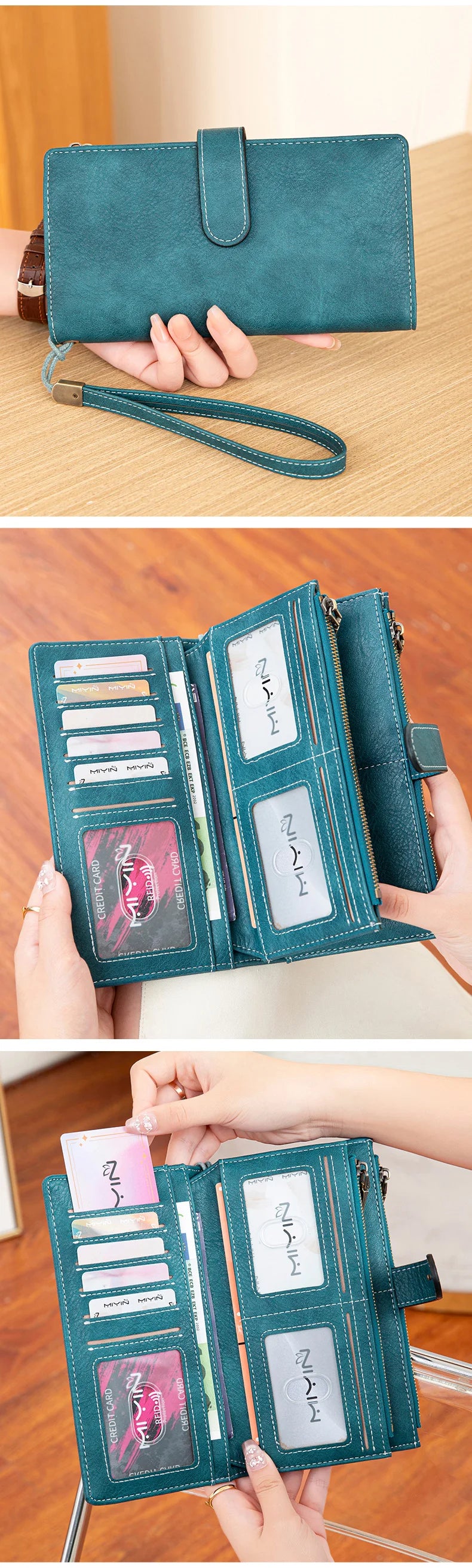 A teal leather trifold clutch wallet is shown in various views, including a closed form and an open display of cards.