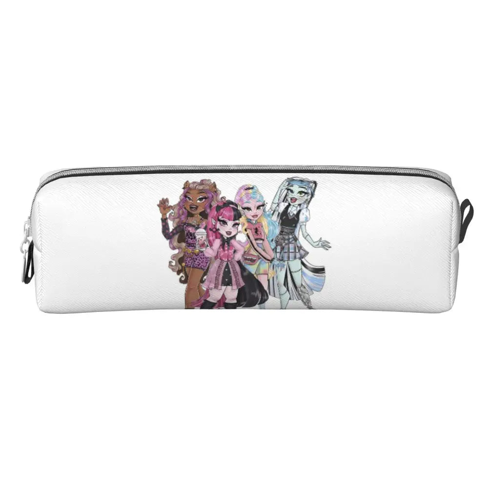 A white leather pencil case featuring illustrations of several magical girls.