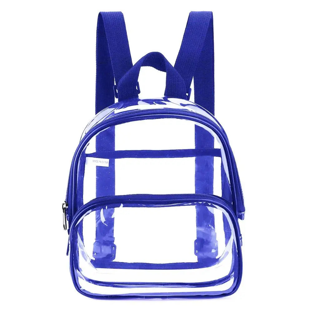 A transparent blue PVC daypack with matching shoulder straps.