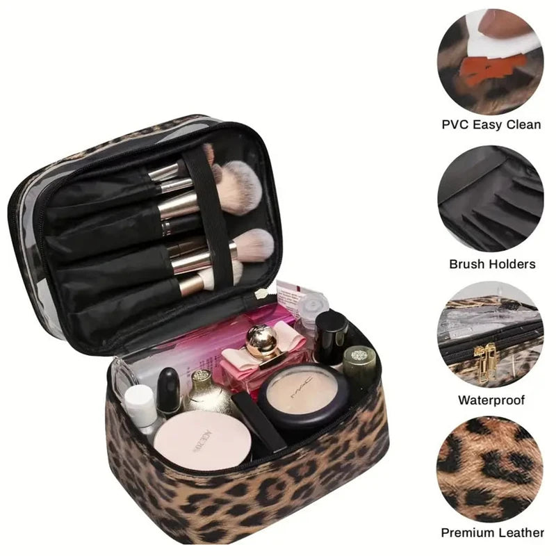 A leopard print transparent makeup bag with a black interior and brush holders is shown alongside accessory details.