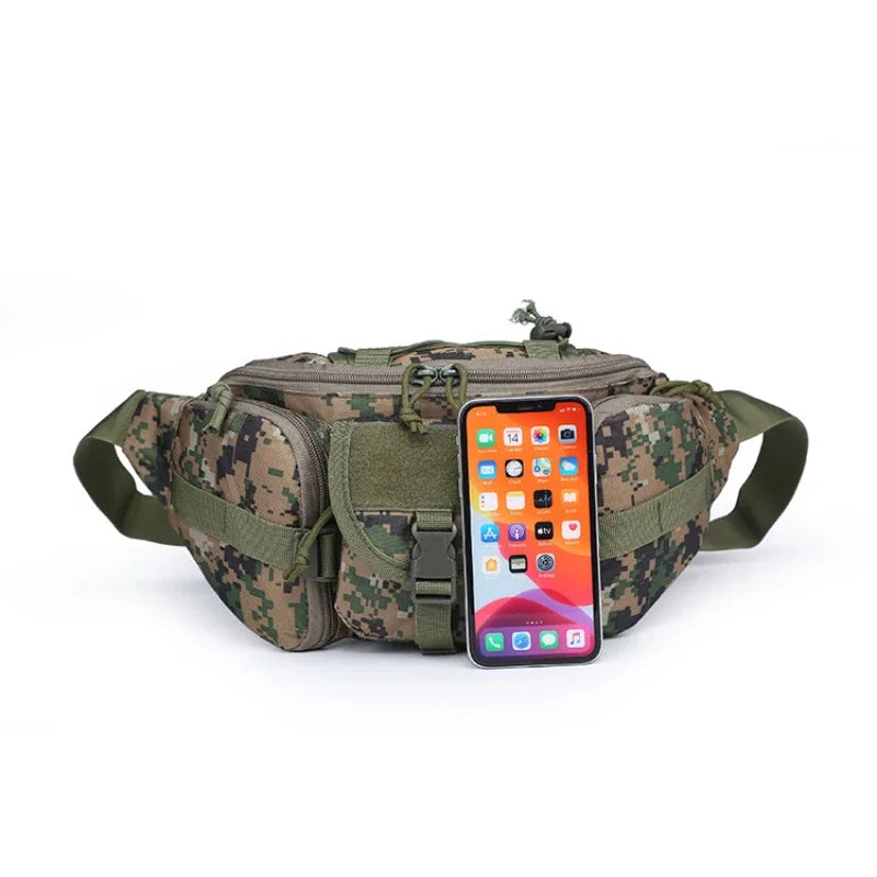 A camouflage tactical waist pack in olive green nylon with a smartphone attached.