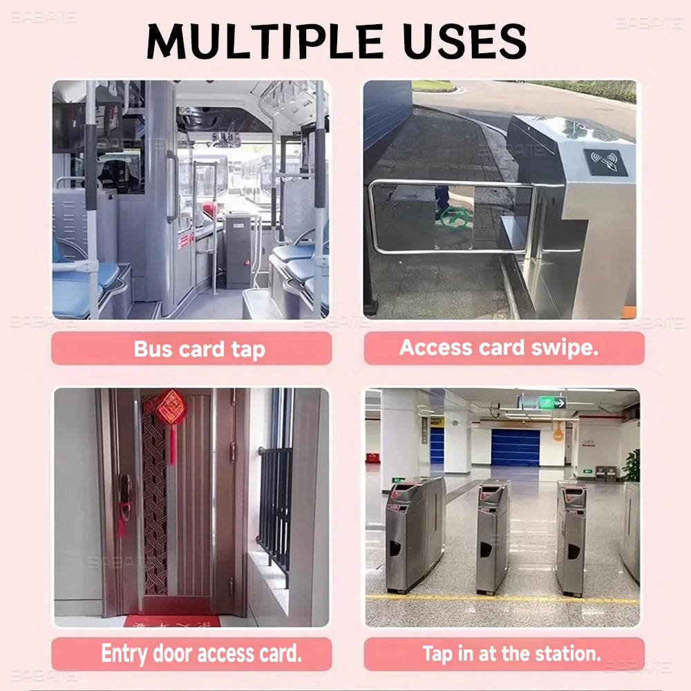Various methods for accessing facilities including bus card tap, access card swipe, and entry door access card.