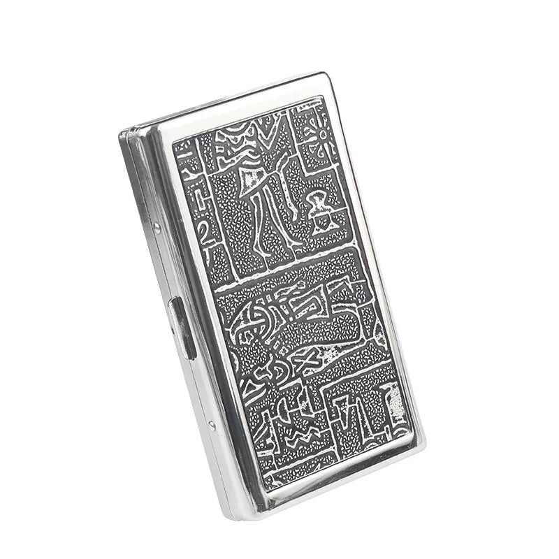 Silver metal cigarette case holder with intricate Arabic calligraphy design