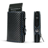 Black carbon fiber RFID pop-up card holder with a clear plastic card inside