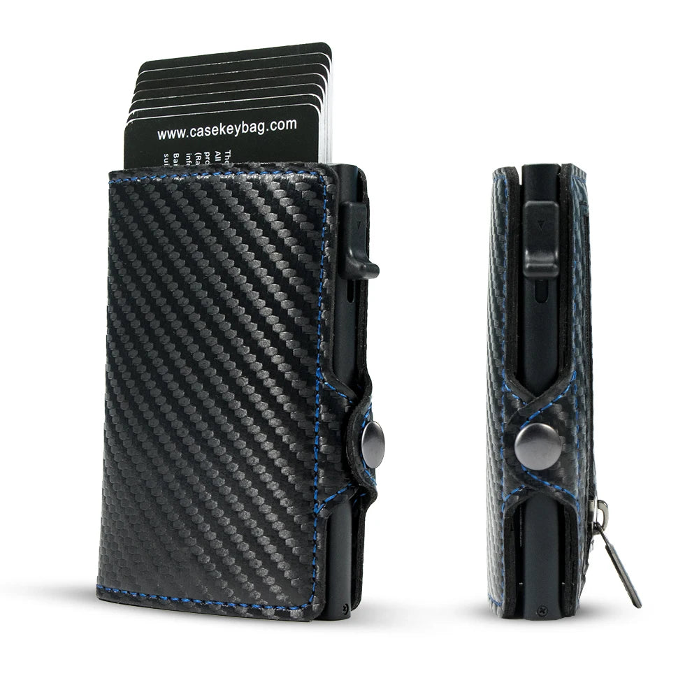 Black carbon fiber RFID pop-up card holder with a clear plastic card inside