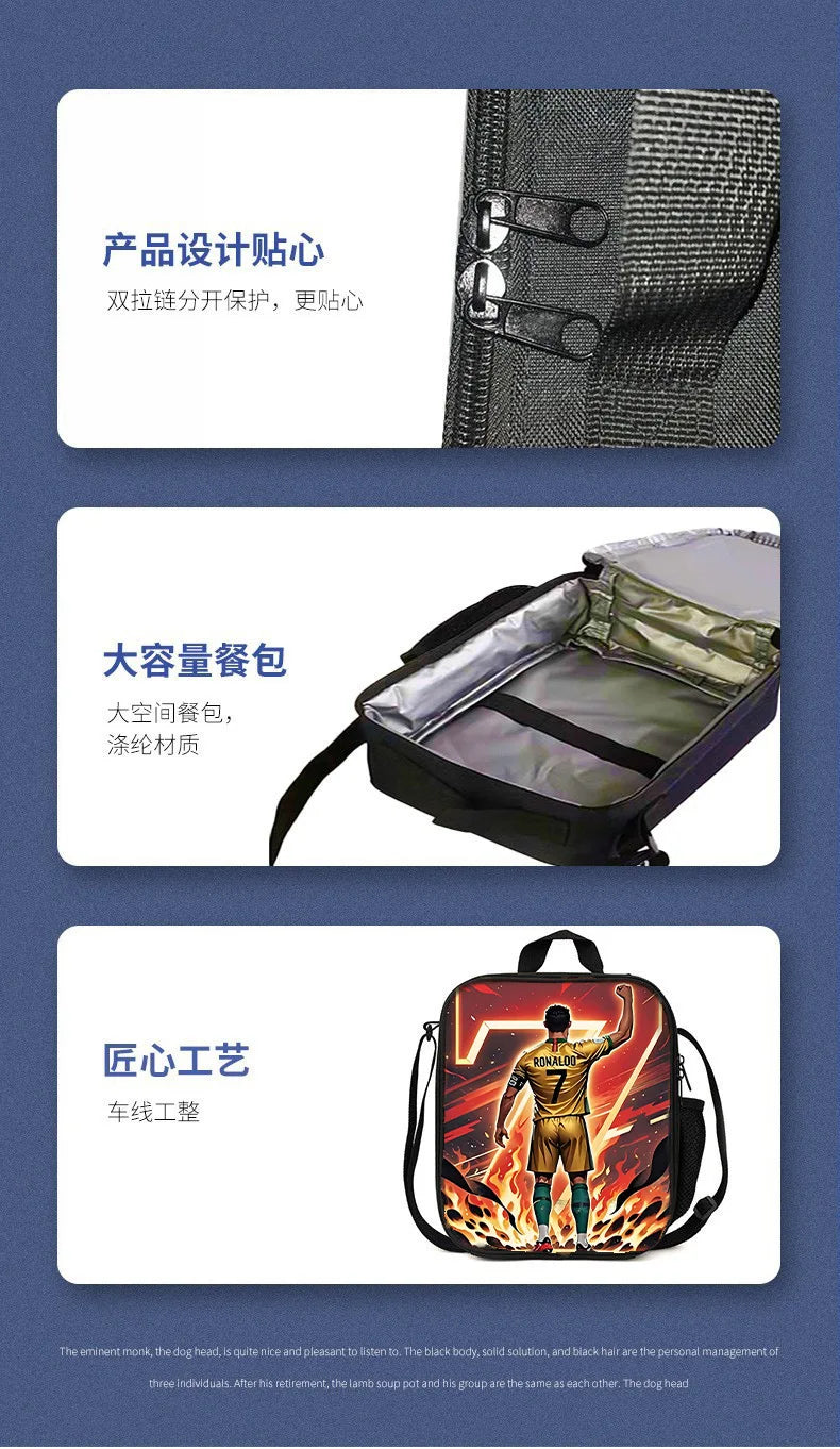 A set of kids football star backpacks featuring dual zippers for security and insulated lunch bags.