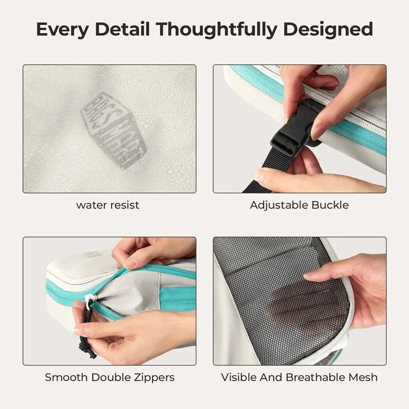 Close-up shots showing features of a packing cube including water resistance, adjustable buckle, smooth double zippers, and b