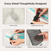 Close-up shots showing features of a packing cube including water resistance, adjustable buckle, smooth double zippers, and b