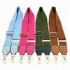 Five canvas cotton bag straps in blue, pink, olive green, and brown with metal hooks