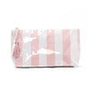 A pink and white striped cosmetic storage pouch with a tassel detail.