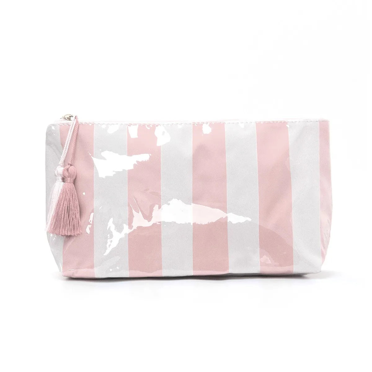 A pink and white striped cosmetic storage pouch with a tassel detail.