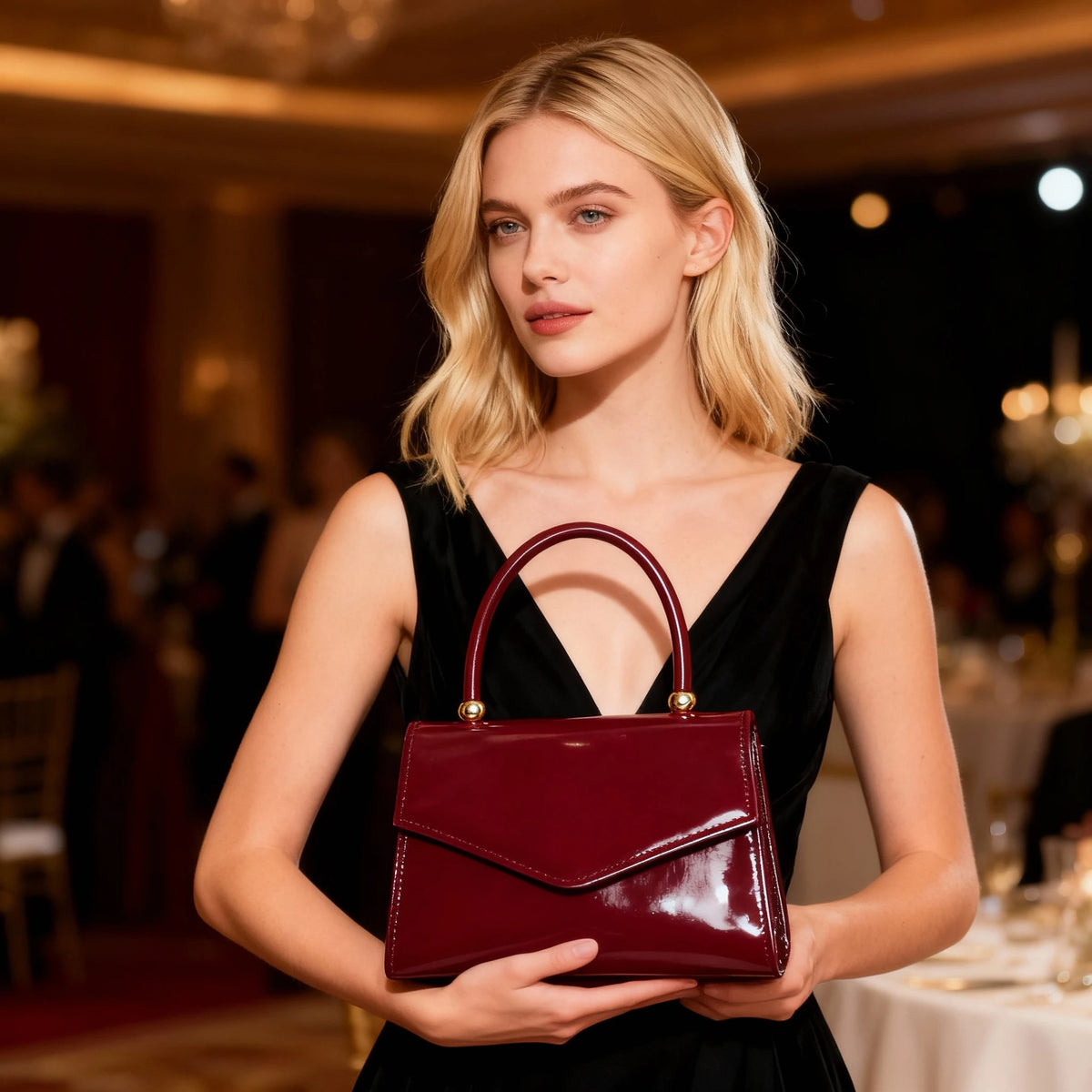A blonde woman holds a glossy burgundy evening handbag in a black dress at an event.