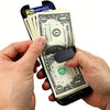 A hand holds an anti-RFID blocking metal ID card wallet with US dollar bills visible inside.