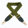 Olive green canvas cotton bag strap with metal hooks folded in an X shape