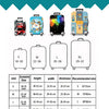 A size chart showing dimensions for S, M, L, and XL luggage sizes.