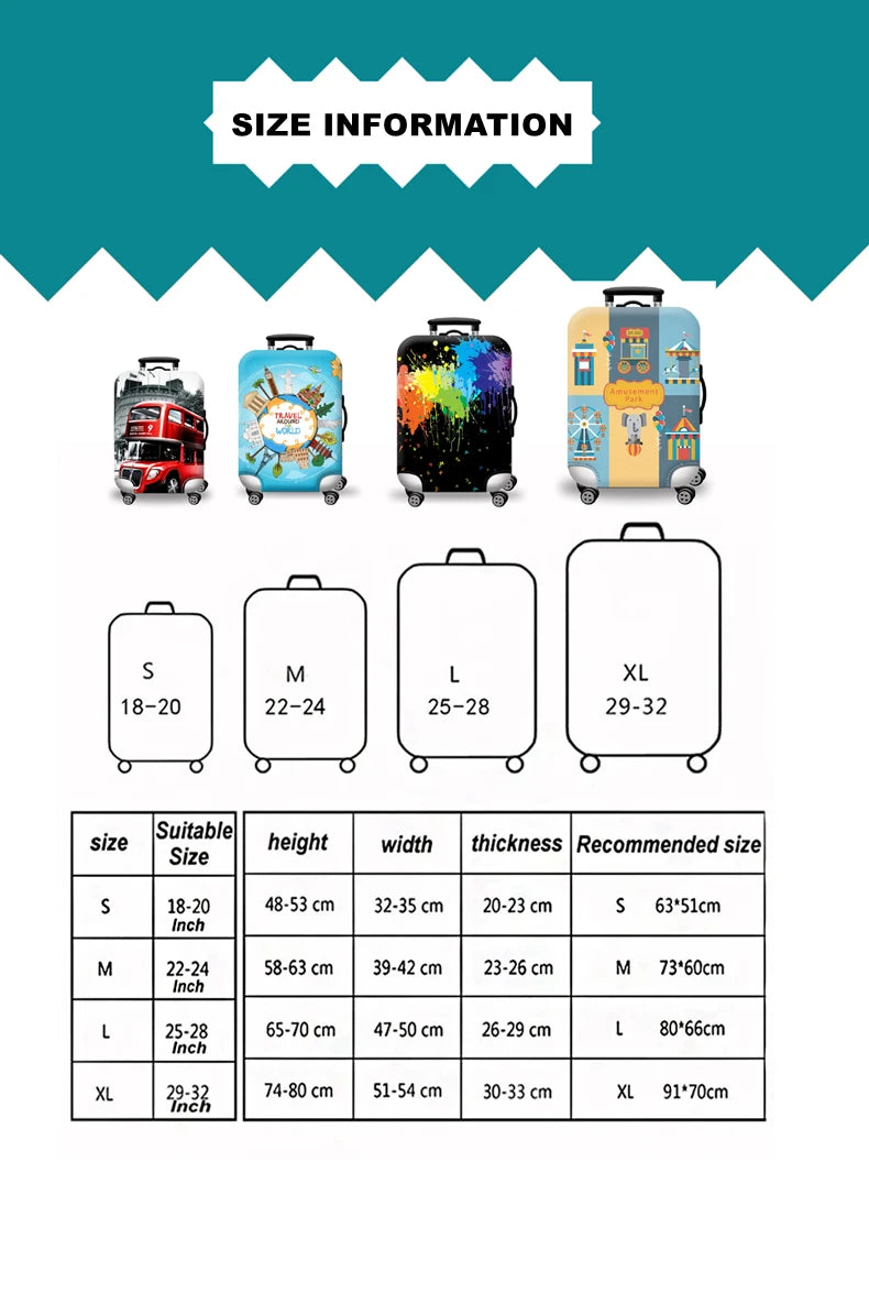 A size chart showing dimensions for S, M, L, and XL luggage sizes.
