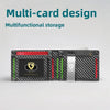A black leather card holder featuring a multi-card design with a geometric pattern.