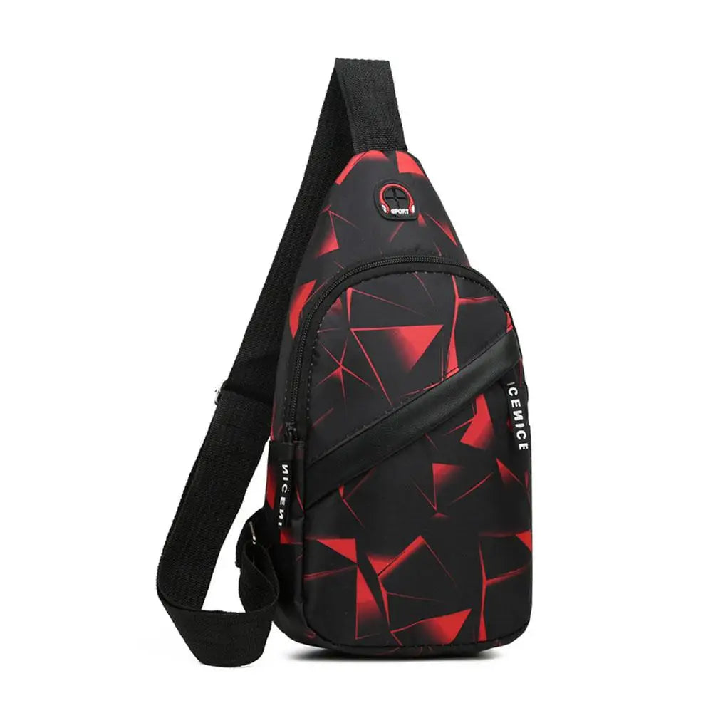 Black waterproof crossbody chest bag with red geometric pattern and black strap