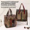 A clear, waterproof PVC toiletry bag with black and red accents sits on a white surface.