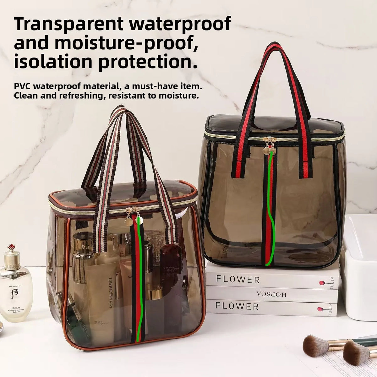 A clear, waterproof PVC toiletry bag with black and red accents sits on a white surface.