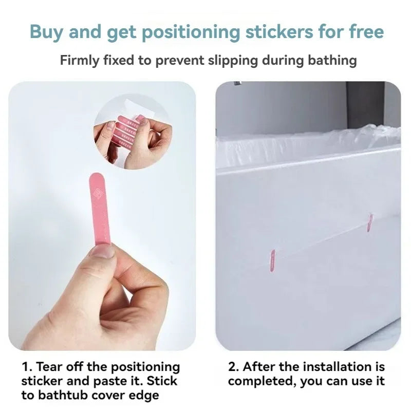 Hands apply positioning stickers to a bathtub cover edge to prevent slipping during bathing