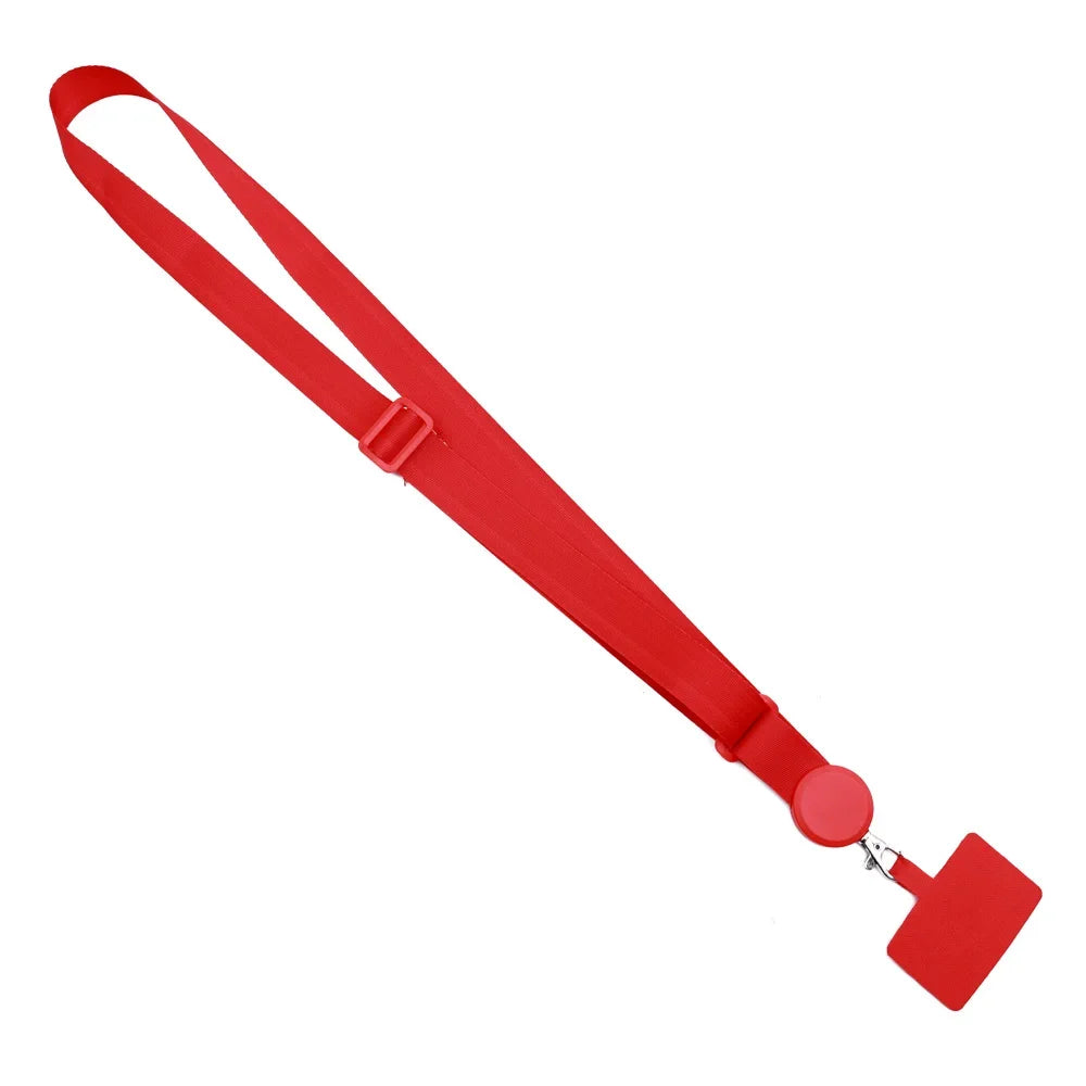 Red universal adjustable phone lanyard with a strap and clip.